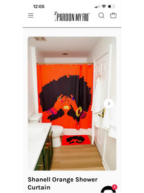 New Pardon My Fro Shanell orange shower curtain features a bold illustration